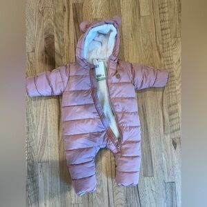 Pink snow suit with bear hood